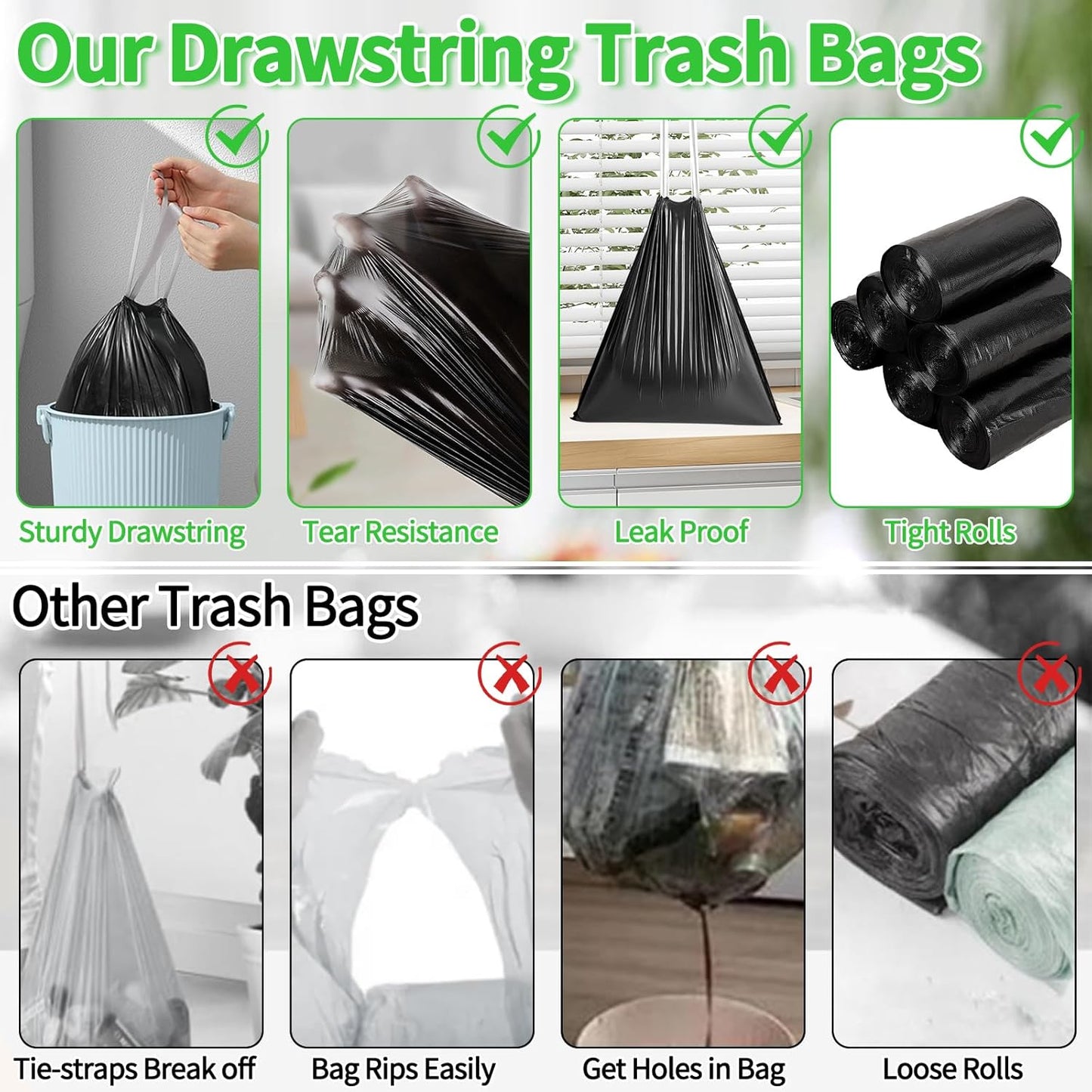 Skiennix Small Drawstring Trash Bags - 100 Count Thick 4-Gallon Liners for Bathroom & Office | Black