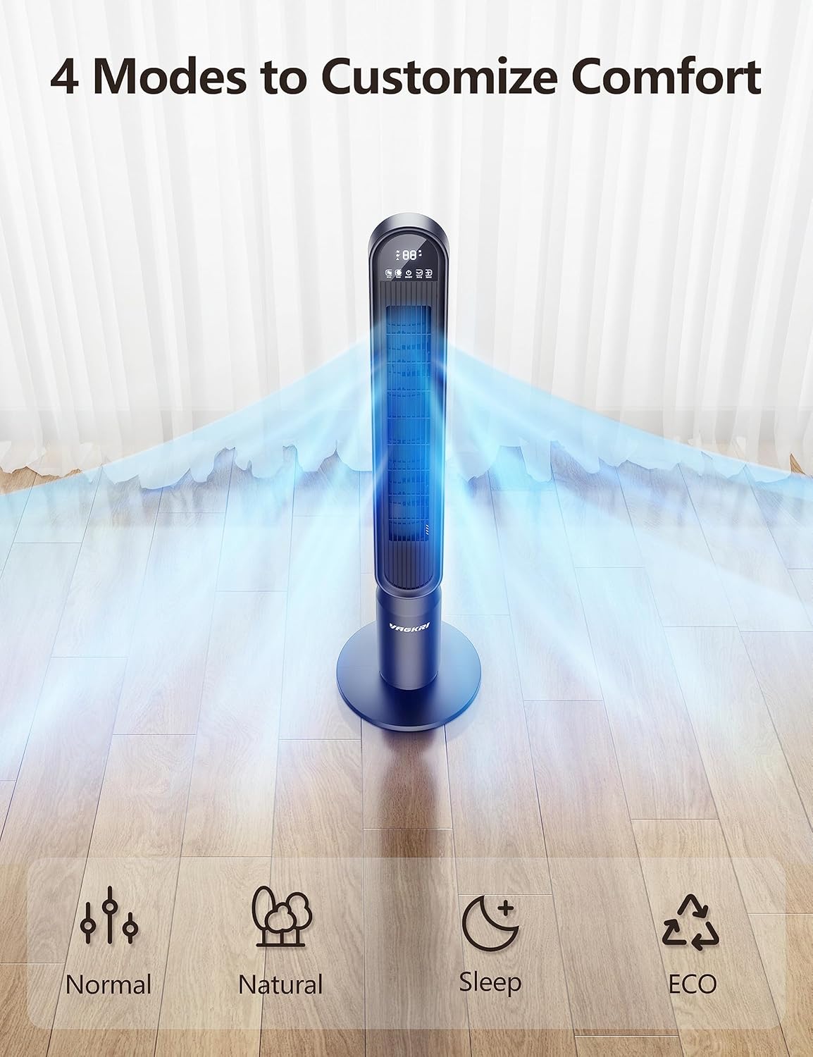 VAGKRI 42-Inch Tower Fan - Quiet Bladeless Indoor Fan with 135° Oscillation & Remote Control | 4 Modes, 4 Speeds, 15H Timer