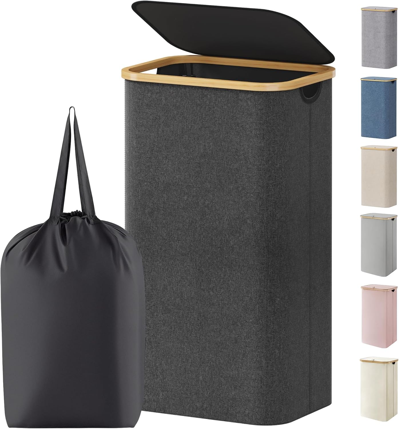 Lifewit 100L Laundry Basket - Foldable Hamper with Lid & Bamboo Handles | Dark Gray, Removable Bag