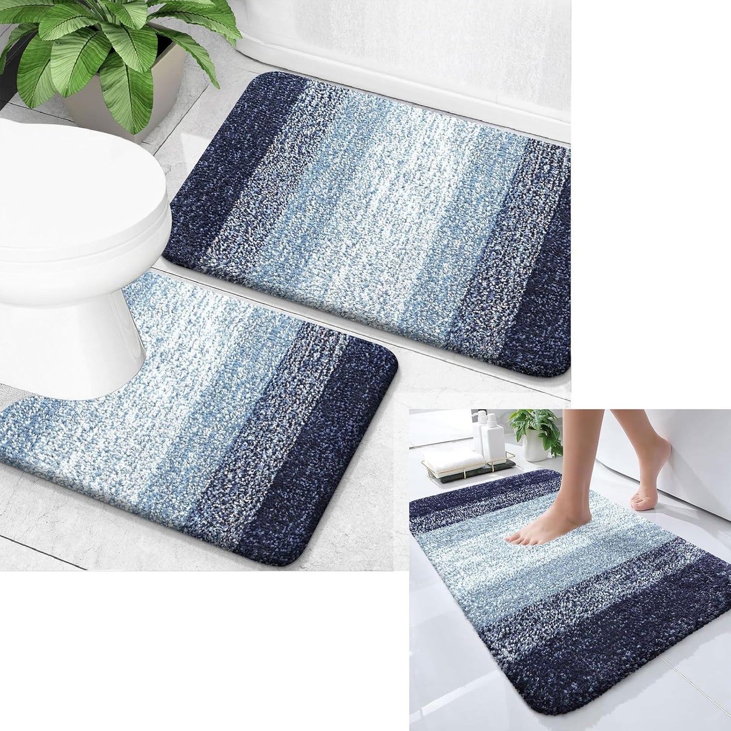 OLANLY Ombre Bath Rug Set - Soft & Absorbent 2-Piece Bathroom Rugs in Airy Blue | 24x16 & 30x20 Inches