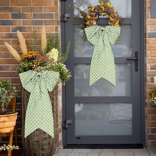 HunnmingRe Christmas Wreath Sash - 2 Pcs Green Block Print Bow | 24 x 16 Inch Indoor/Outdoor Decor