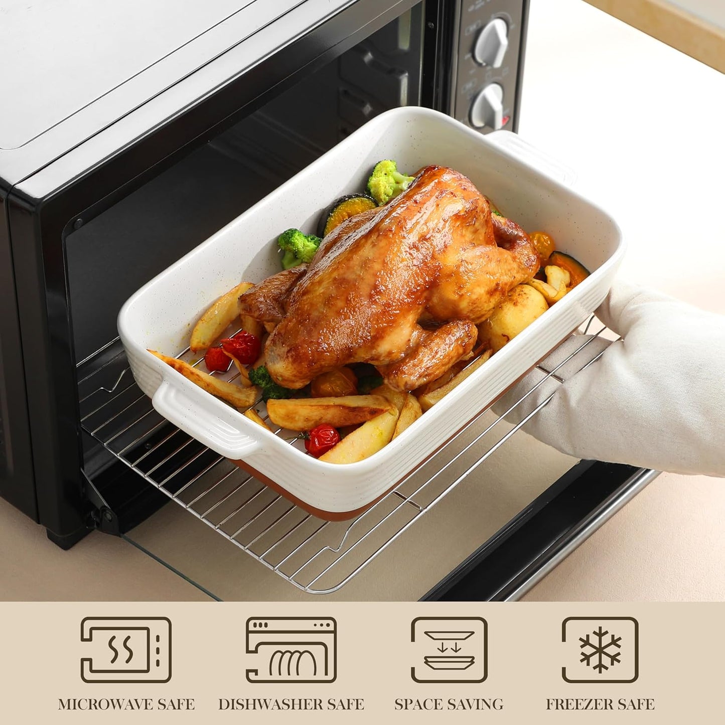 MALACASA 4.8 Qt Ceramic Baking Dish - Deep Roasting Pan with Stainless Steel Rack & Handles | Khaki & White