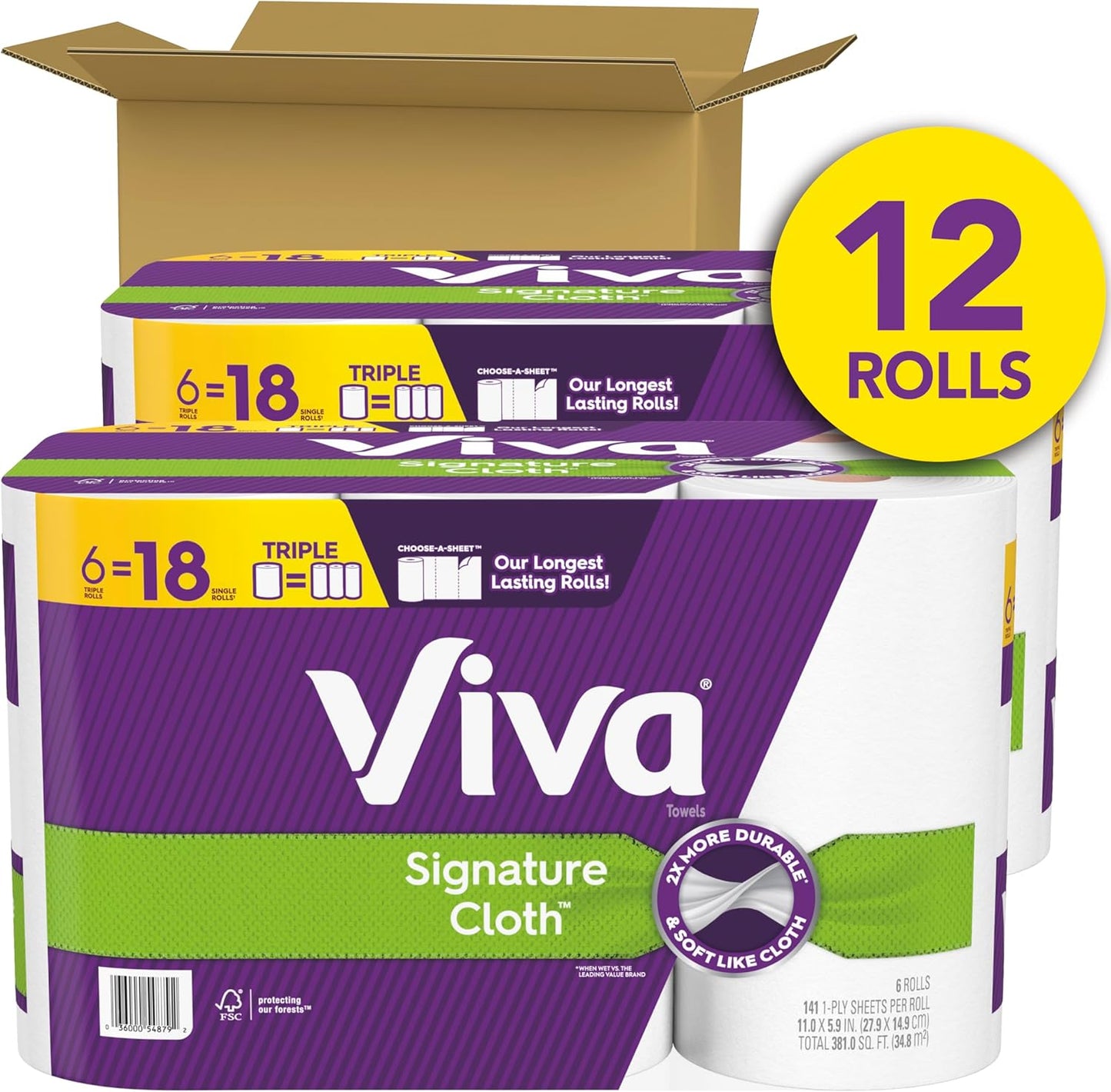 Viva Signature Cloth Paper Towels - 12 Triple Rolls with 141 Sheets Each for Superior Absorbency