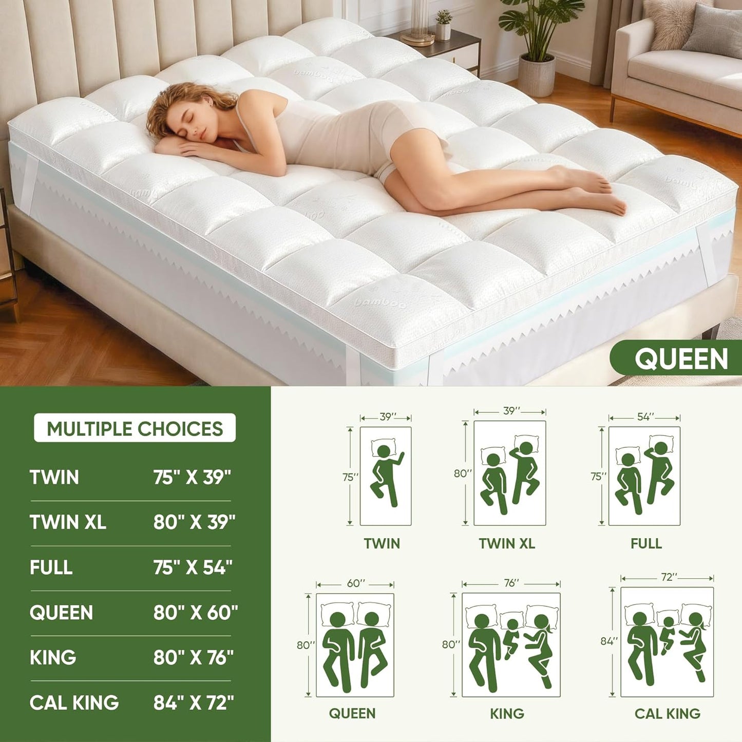 Skiennix Extra Thick Memory Foam Mattress Topper - Dual Layer 2.5" Gel Foam & Bamboo Pillow Top for Back Pain Relief | Queen Size 80x60x5in