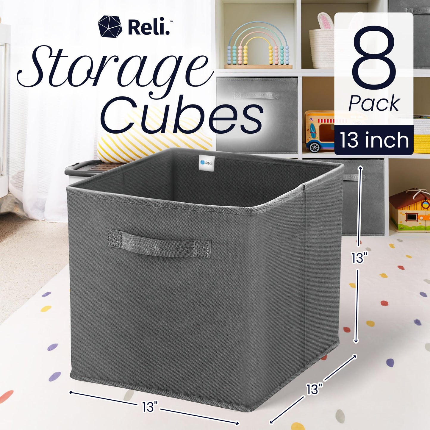 Reli. 13x13x13 Storage Cube Bins (8 Pack) | Large Cube Organizer Bins | 13x13 Fabric Storage Boxes | Fits Kallax | Collapsible, Foldable Fabric Cubby Box (Square) | Kids Room Organization (Dark Gray)
