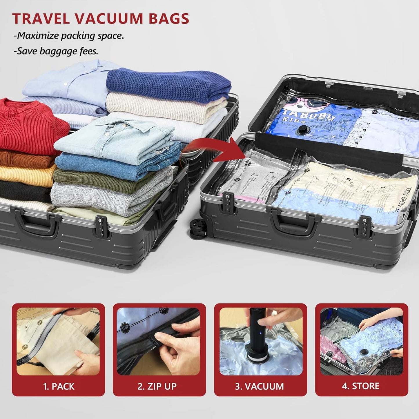 Skiennix Travel Vacuum Bags - Rechargeable Electric Pump Compression Packing Cubes | 15 Combo Set for Space-Saving Luggage
