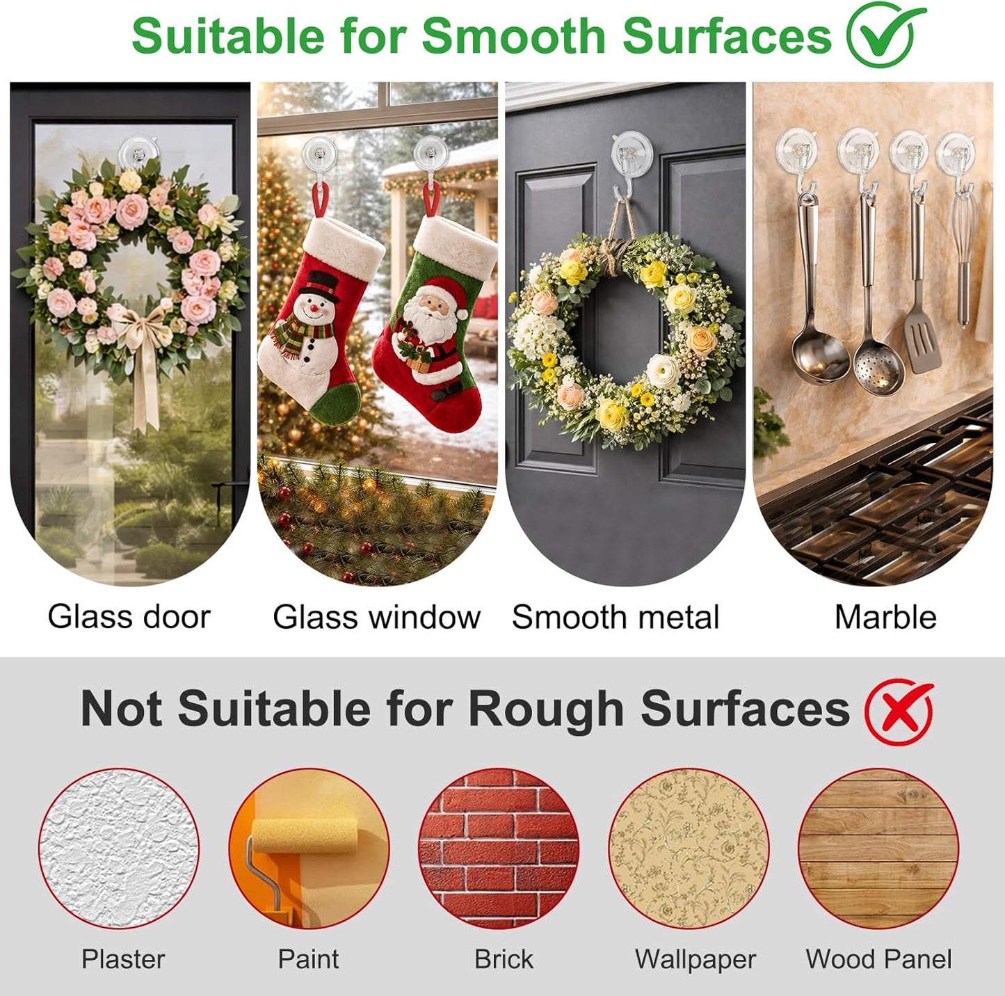 Skiennix Suction Cup Wreath Hangers - 6 Pcs Heavy-Duty Clear Hooks for No-Damage Holiday Decor