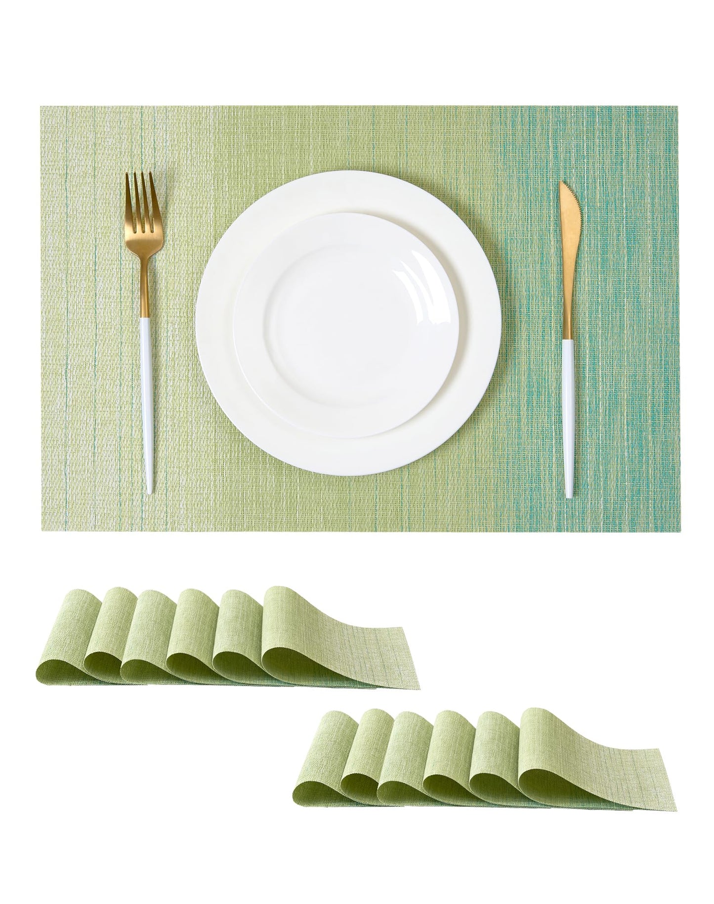 Leetaltree Gradient Green Woven Placemats Set of 12 - Heat Resistant Non-Slip Place mats for Dining Table, Washable Durable PVC Vinyl Woven Table Mats(Gradient Green, 12)
