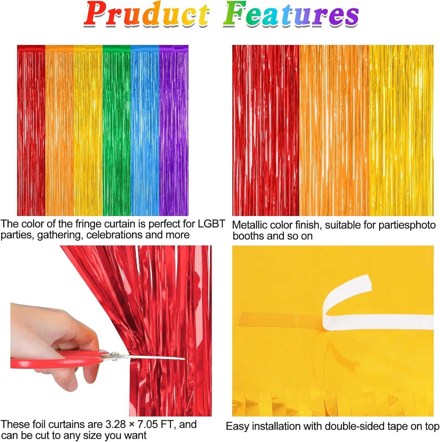ZATAYE Rainbow Backdrop | 4 Pack Metallic LGBT Party Decorations - 3.28 FT x 7.05 FT Tinsel Streamers