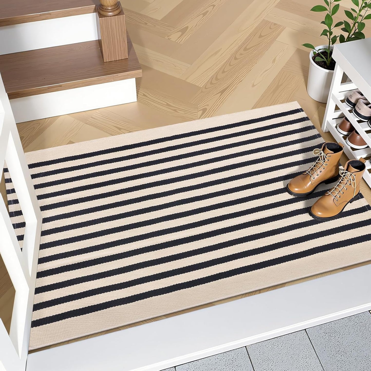 OLANLY Striped Rug - Washable Beige and Black Cotton Doormat | 2'4" x 3'7" for Indoor/Outdoor Use