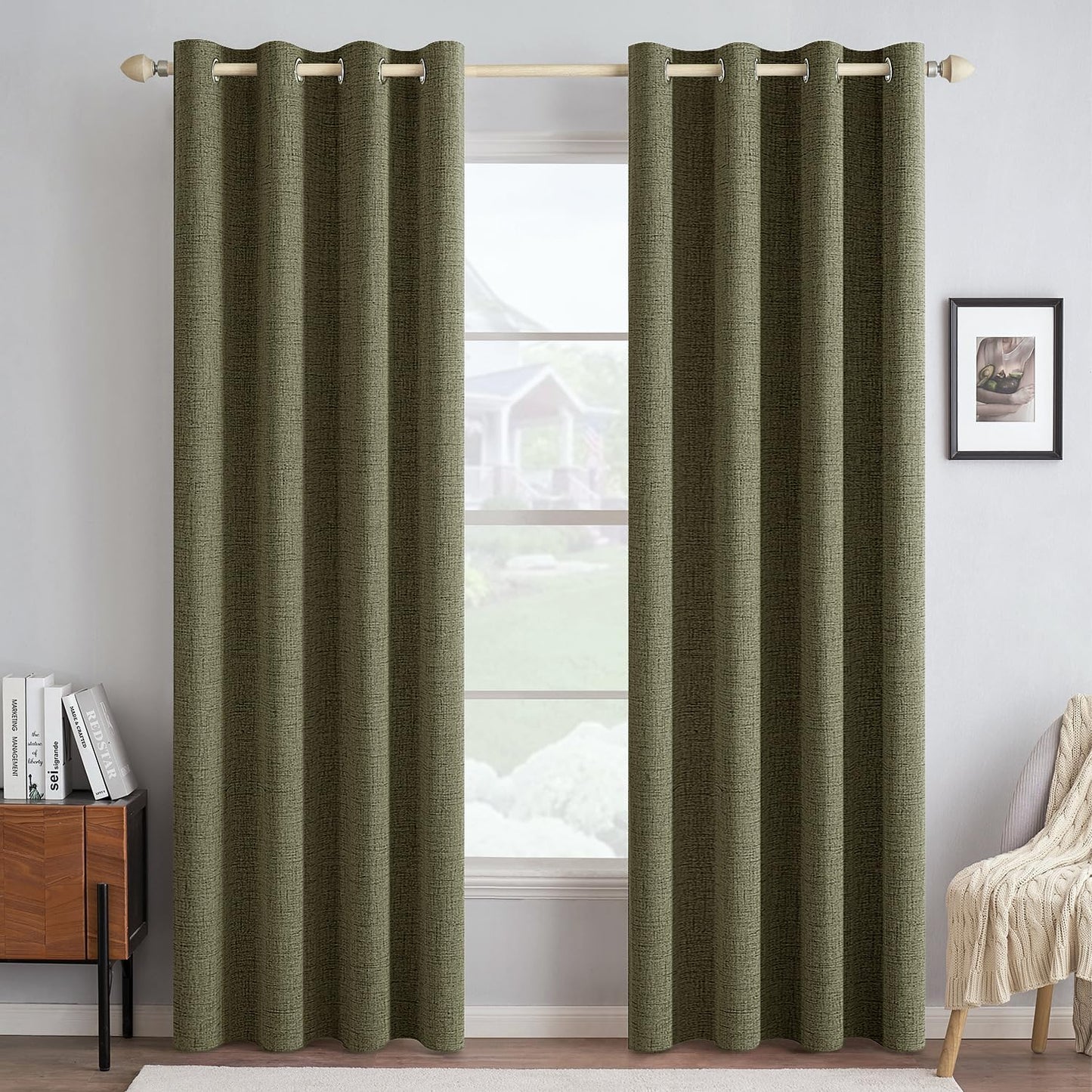 MIULEE Blackout Curtains - 100% Thermal Insulated Linen Texture Drapes | Light Olive Green, 52x96 Inch (2 Panels)