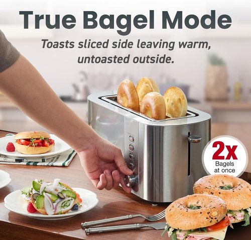 Elite Gourmet Long Slot 4-Slice Toaster - Extra Wide 1.5" Slots, 6 Shade Settings, Stainless Steel