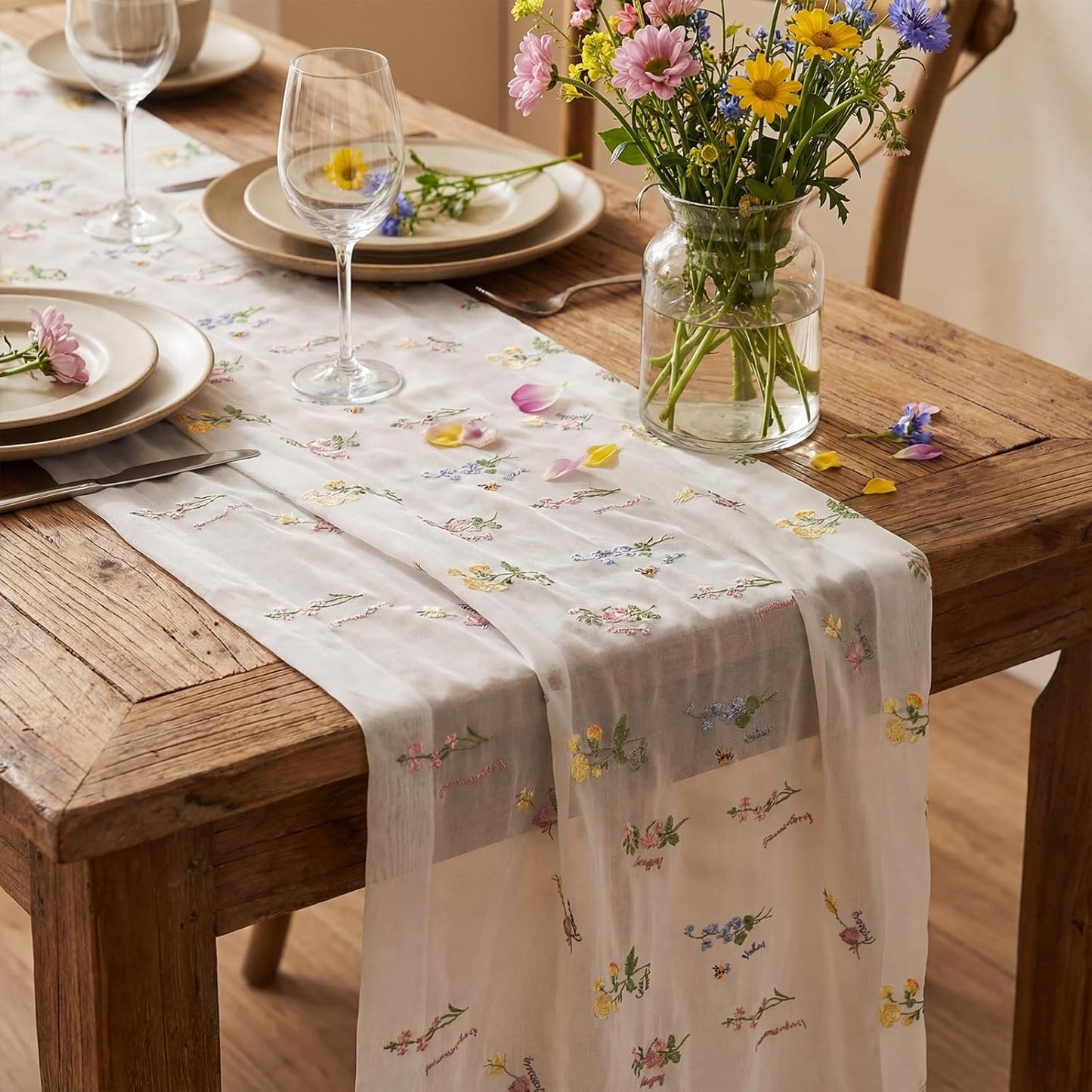 Remagr Floral Table Runner - 9.8 ft Embroidered Tulle for Weddings, Showers & Seasonal Decor