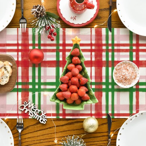 Artoid Mode Red Green Buffalo Plaid Table Runner, Seasonal Fall Christmas Kitchen Dining Table Decoration for Outdoor Home Party 13x72 Inch