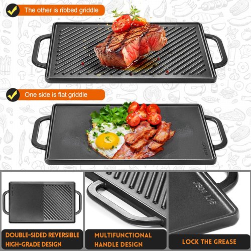 GGC Cast Iron Reversible Grill Griddle，Double Sided Grill Pan Perfect for Gas Grills and Stove Tops, 13 x 8.25 Rectangular Baking Flat and Ribbed Griddle Plate