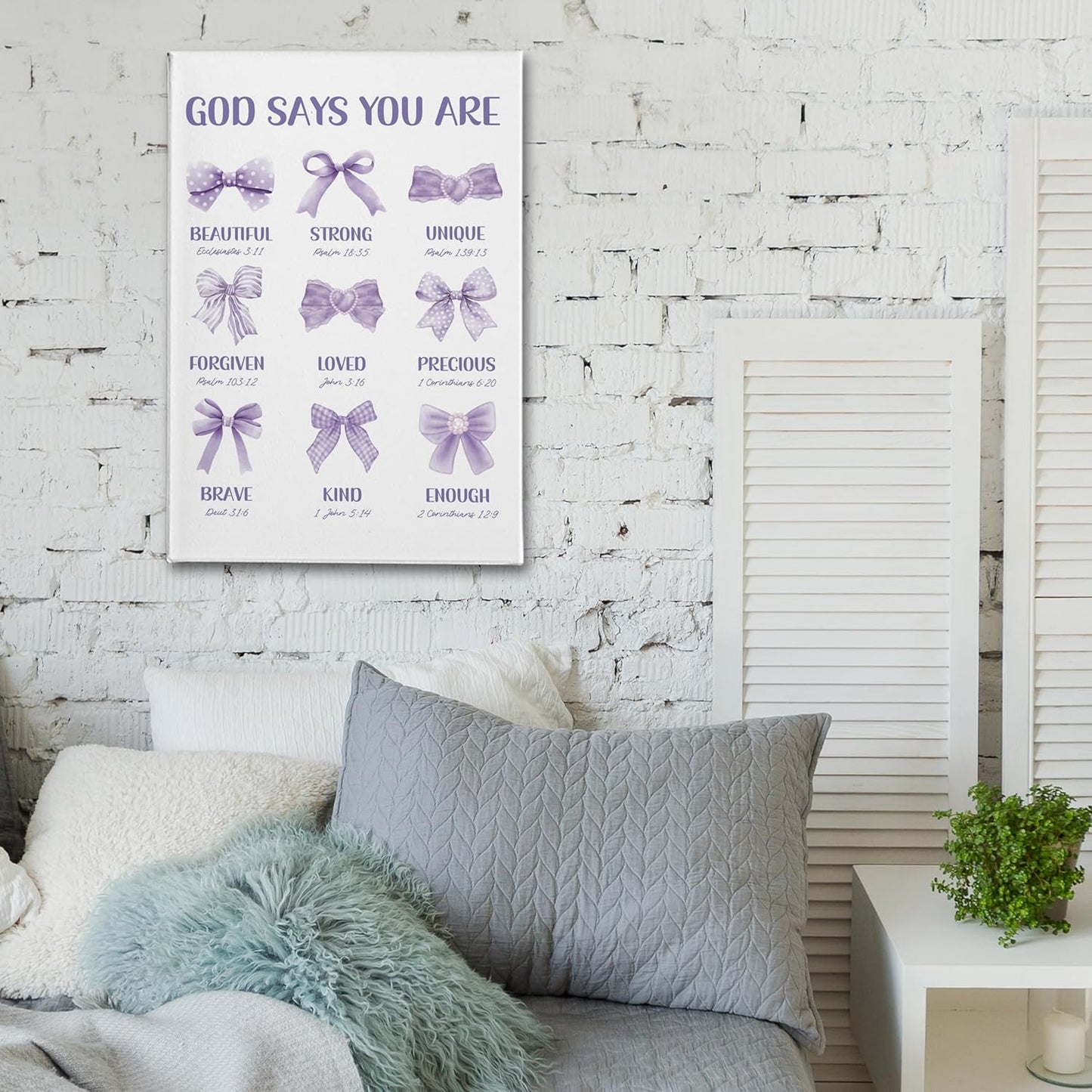 PHAMTE Christian Wall Art - Purple Bow Canvas Decor 16x24 | Inspirational Bible Verse for Girly Room