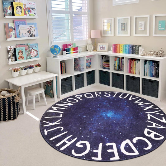 LIVEBOX Space Play Room Round Kids Rug for Boy and Girl, Circle Alphabet Washable Rug Crawling Nursery Rug for Playroom, Galaxy Non-Slip Play Mat Learning Carpet for Children Room (59",Star Blue)