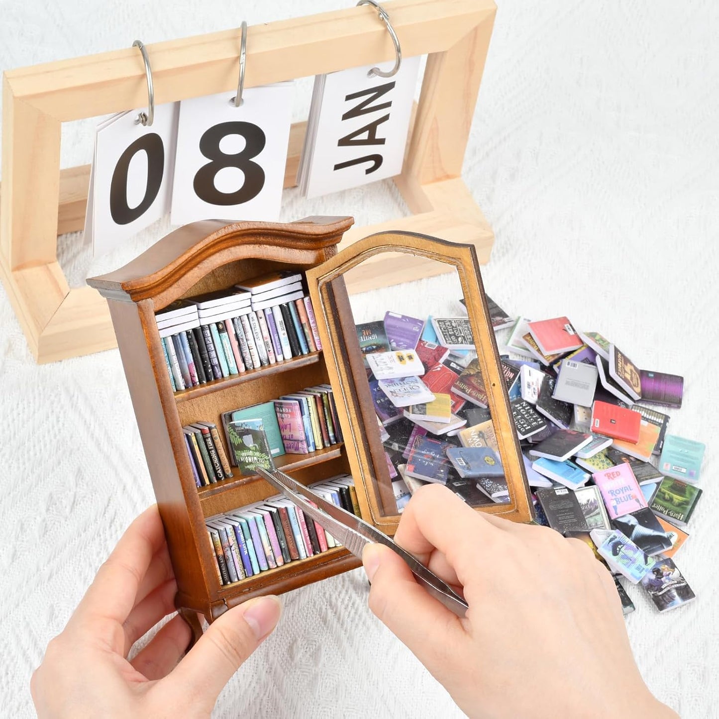 Skiennix Mini Bookshelf - Handcrafted with 100+ Unique Miniature Books | Perfect for Book Lovers