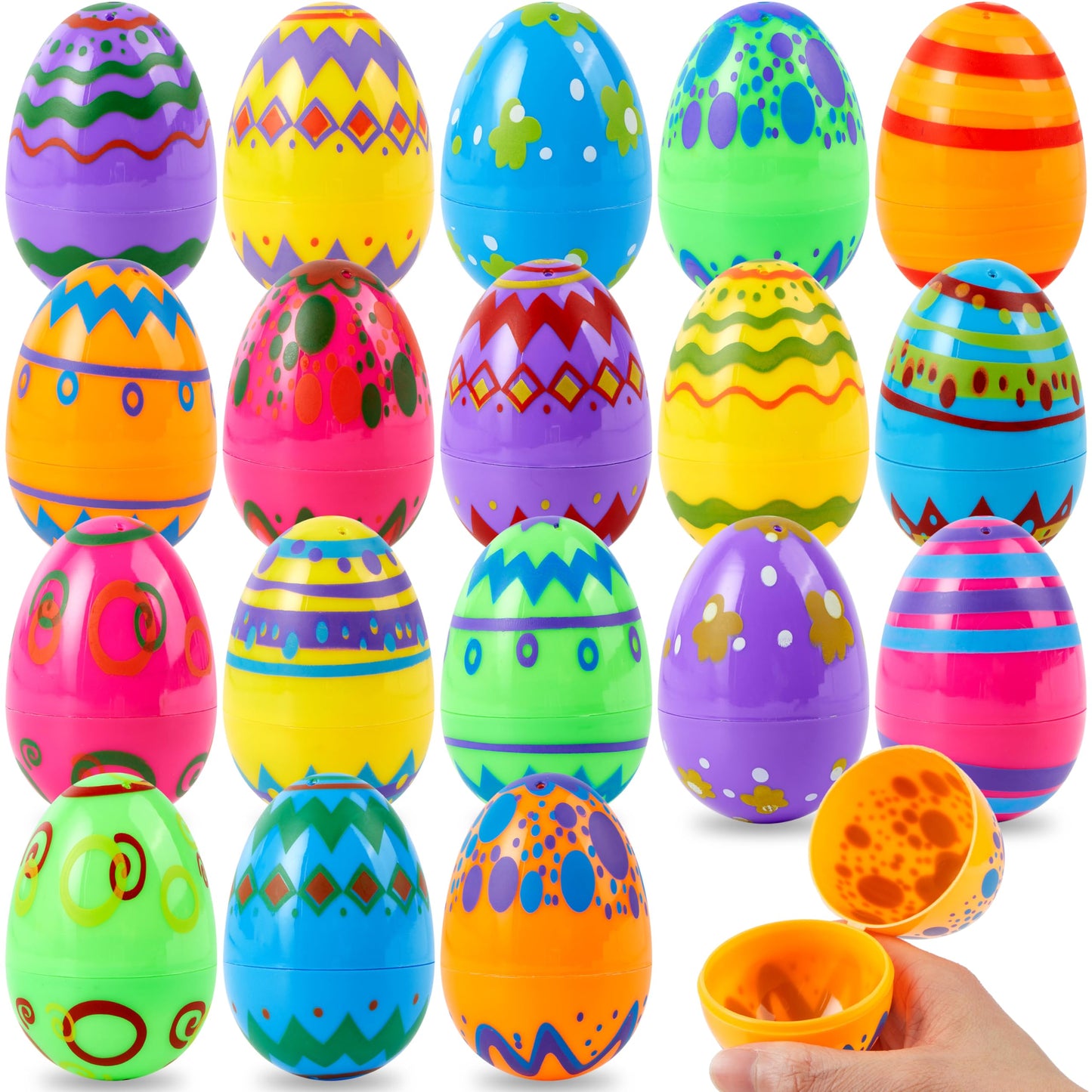 JOYIN 24PCS 3.15" Printed Easter Eggs, Empty Fillable Colorful Plastic Eggs Bulks for Easter Hunt, Basket Stuffers Filler, Classroom Prize Supplies