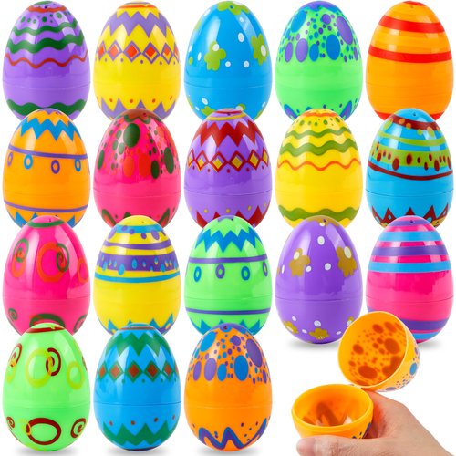JOYIN 18PCS 3.15" Printed Easter Eggs, Empty Fillable Colorful Plastic Eggs Bulks for Easter Hunt, Basket Stuffers Filler, Classroom Prize Supplies
