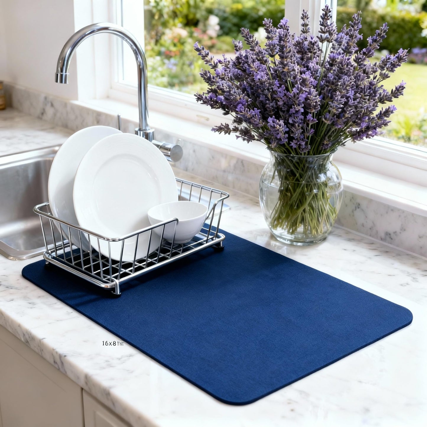 STRABELLA Dish Drying Mat Super Absorbent – 16" x 18" Coffee Mat for Countertops – Non-Slip Drying Mat for Kitchen Counter – Easy to Clean Water Absorbent Mat – Large Dish Drying Mats (Navy Blue)