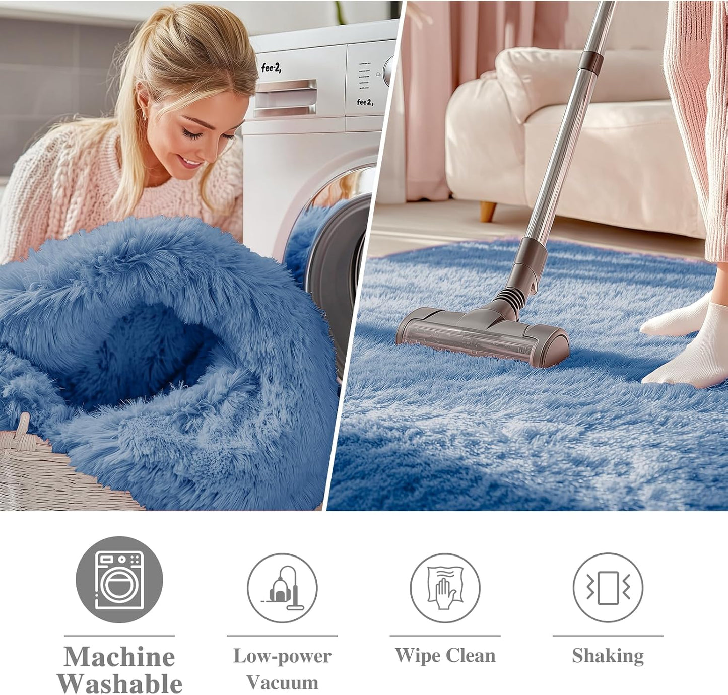 OLANLY Blue Round Area Rug - Soft, Fluffy, Machine Washable 4 ft Circle Carpet for Bedroom & Living Room Decor