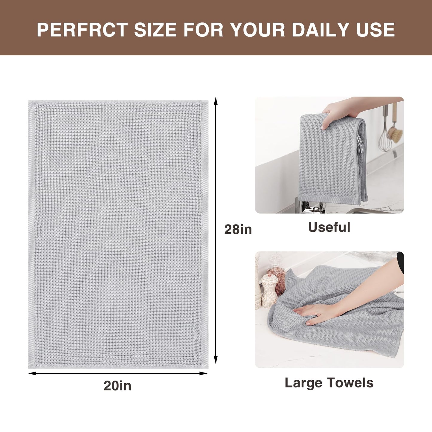 Homaxy 100% Cotton Waffle Weave Kitchen Dish Towels, Ultra Soft Absorbent Quick Drying Cleaning Towel, 20x28 Inches, 4-Pack, Light Gray