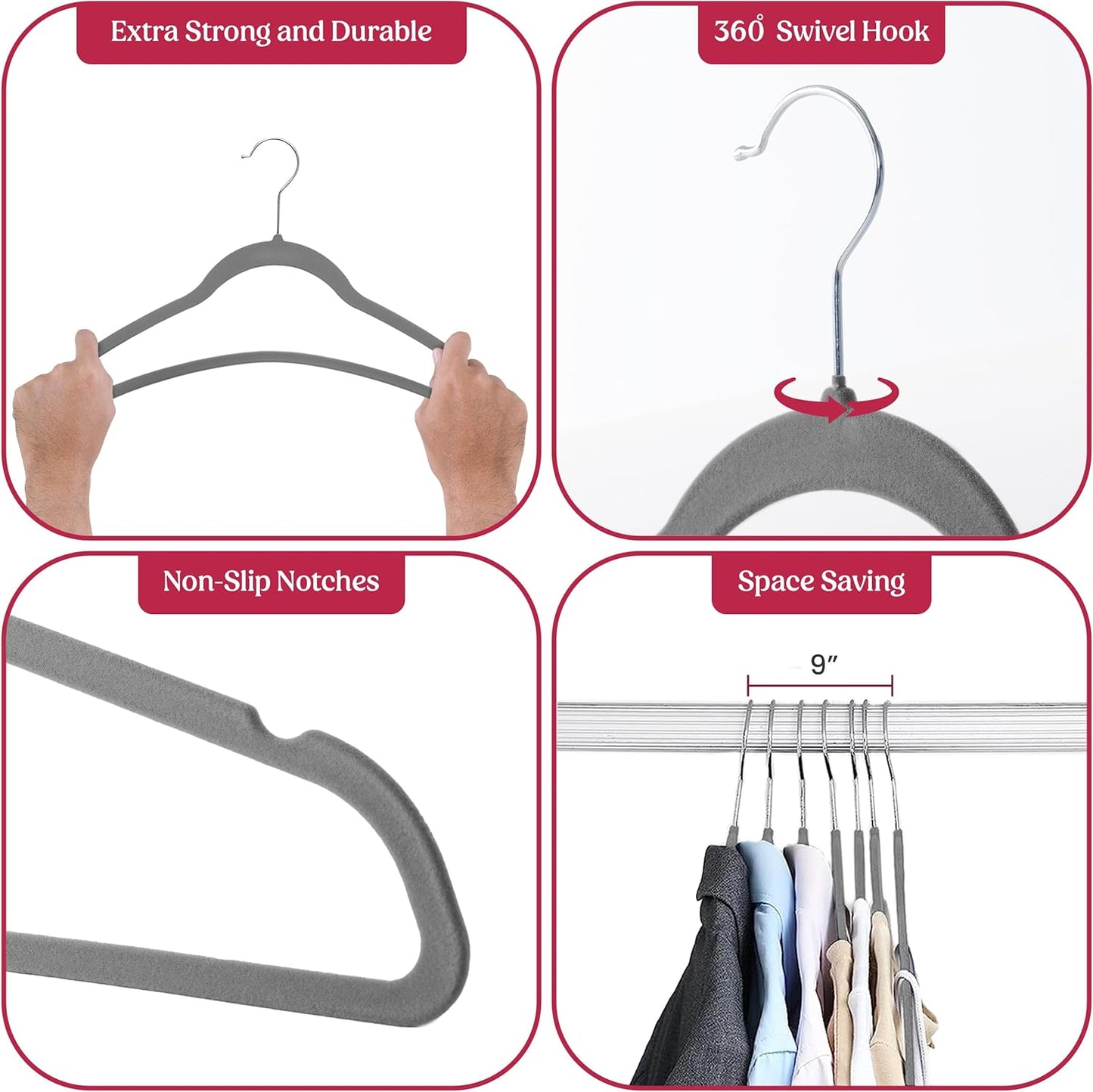 LDC Grey Velvet Hangers 30 Pack - Premium Non-Slip Space-Saving Felt Hangers with 360° Swivel Hook - Grey