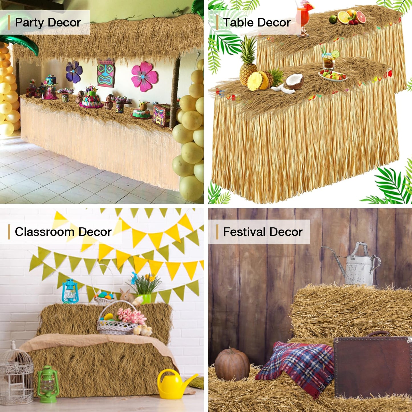 XLX TURF Fake Thatch Hay Table Runner 144 Inches Tiki Bar Western Cowboy Hawaiian Party Decorations - Realistic Artificial Straw Grass for Farm Wild One Birthday Table Centerpieces, DIY Crafts