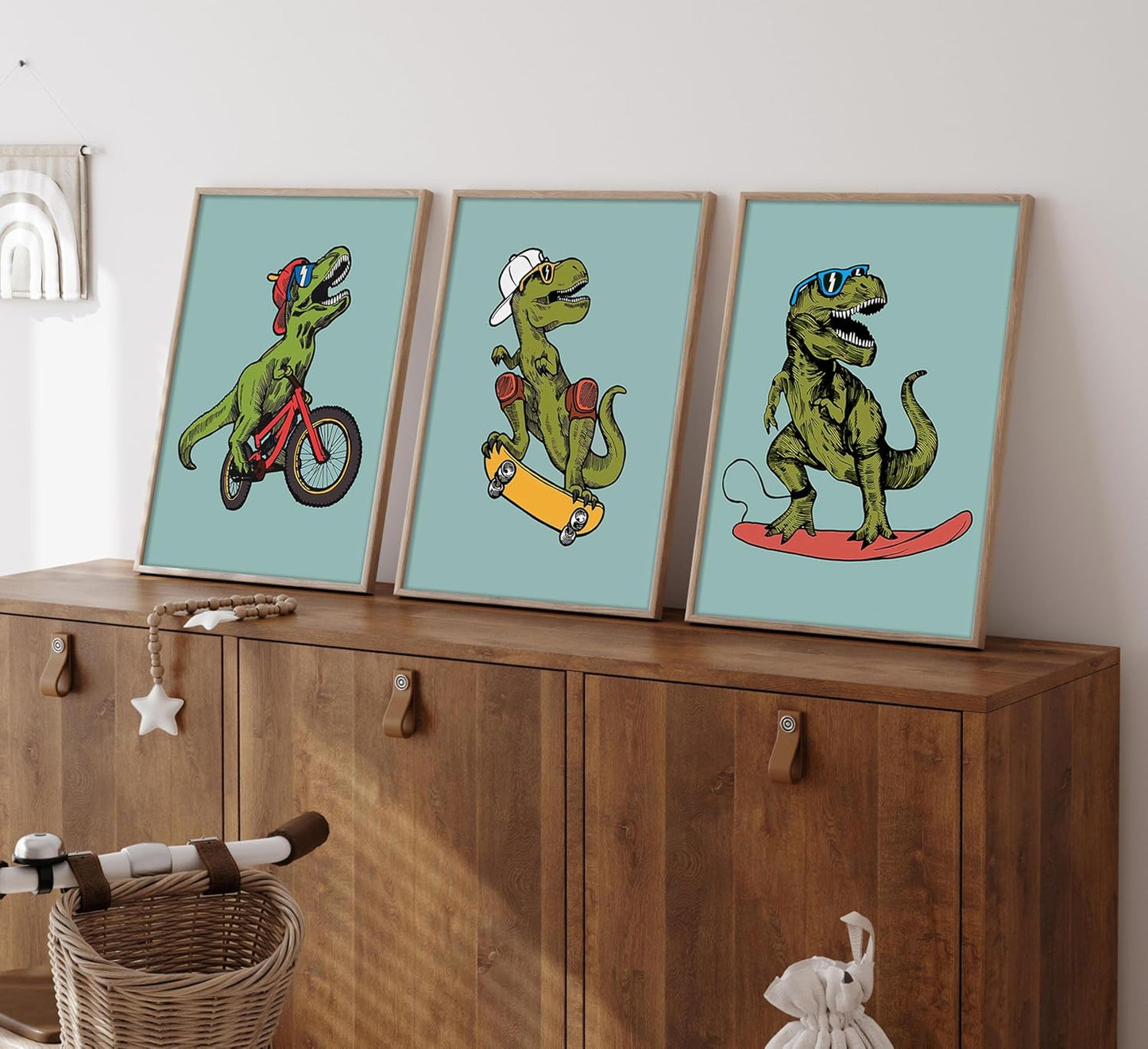 Skiennix Funny Dinosaur Nursery Canvas Wall Art - Surfing & Skateboarding Design | Perfect for Boys' Room Decor