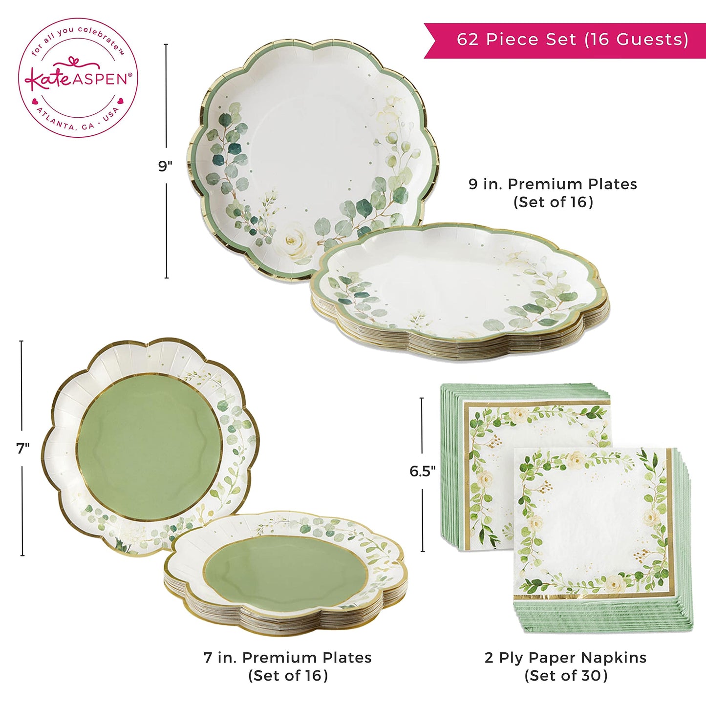 Kate Aspen Sage Green Party Decorations, Eucalyptus Floral Botanical Garden 62 Piece Plates and Napkins Party Supplies (16 Guests) Greenery Baby Shower Decorations & Bridal Shower Decor