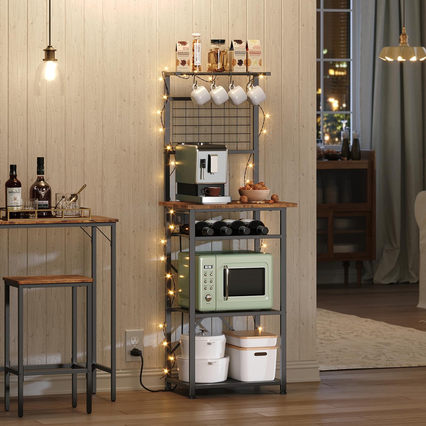 MAHANCRIS Bakers Rack with Power Outlet, Coffee Bar Station with Wine Rack, Bakers Racks for Small Spaces, Microwave Stand for Kitchen, Rustic Brown and Black BRHR23E01