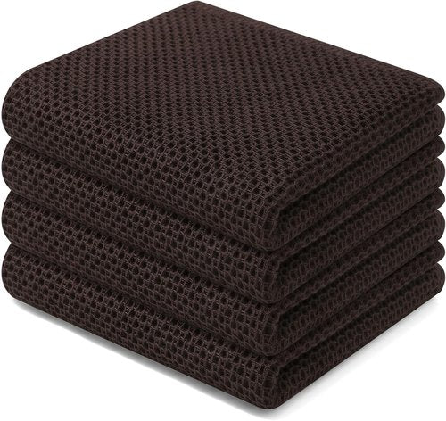 Homaxy 100% Cotton Waffle Weave Kitchen Dish Towels - Ultra Soft & Absorbent | 13 x 28 Inches, 4-Pack, Dark Brown