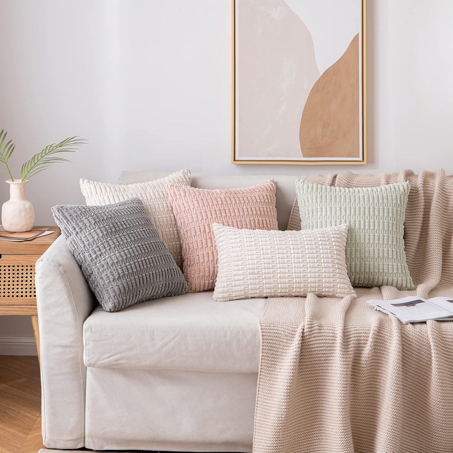MIULEE Corduroy Throw Pillow Covers - Soft Boho Striped Design | 16x16 Inch Light Grey Decor