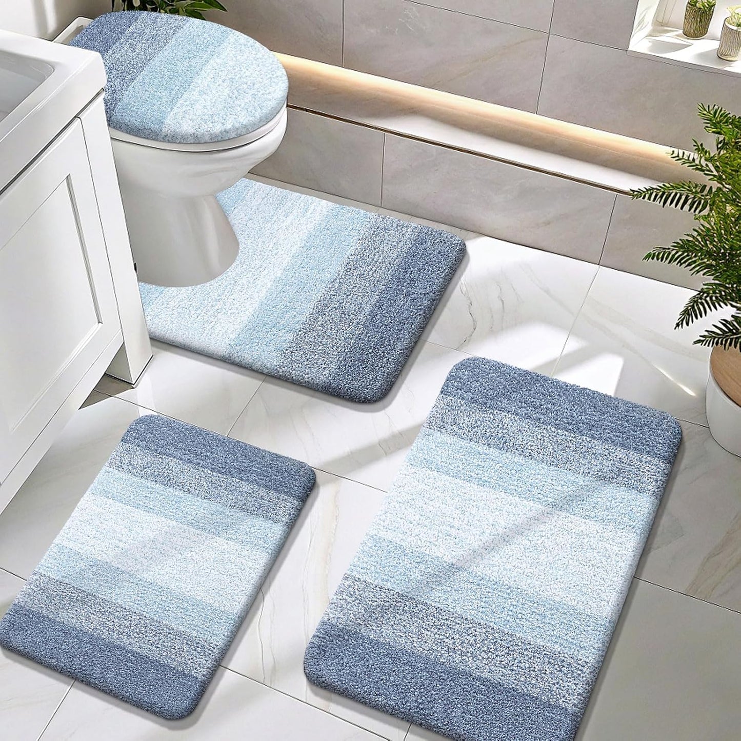 OLANLY Bathroom Rug Set - 4-Piece Soft Microfiber Mats with U-Shaped Contour & Toilet Lid Cover | Quick Dry, Machine Washable, Blue