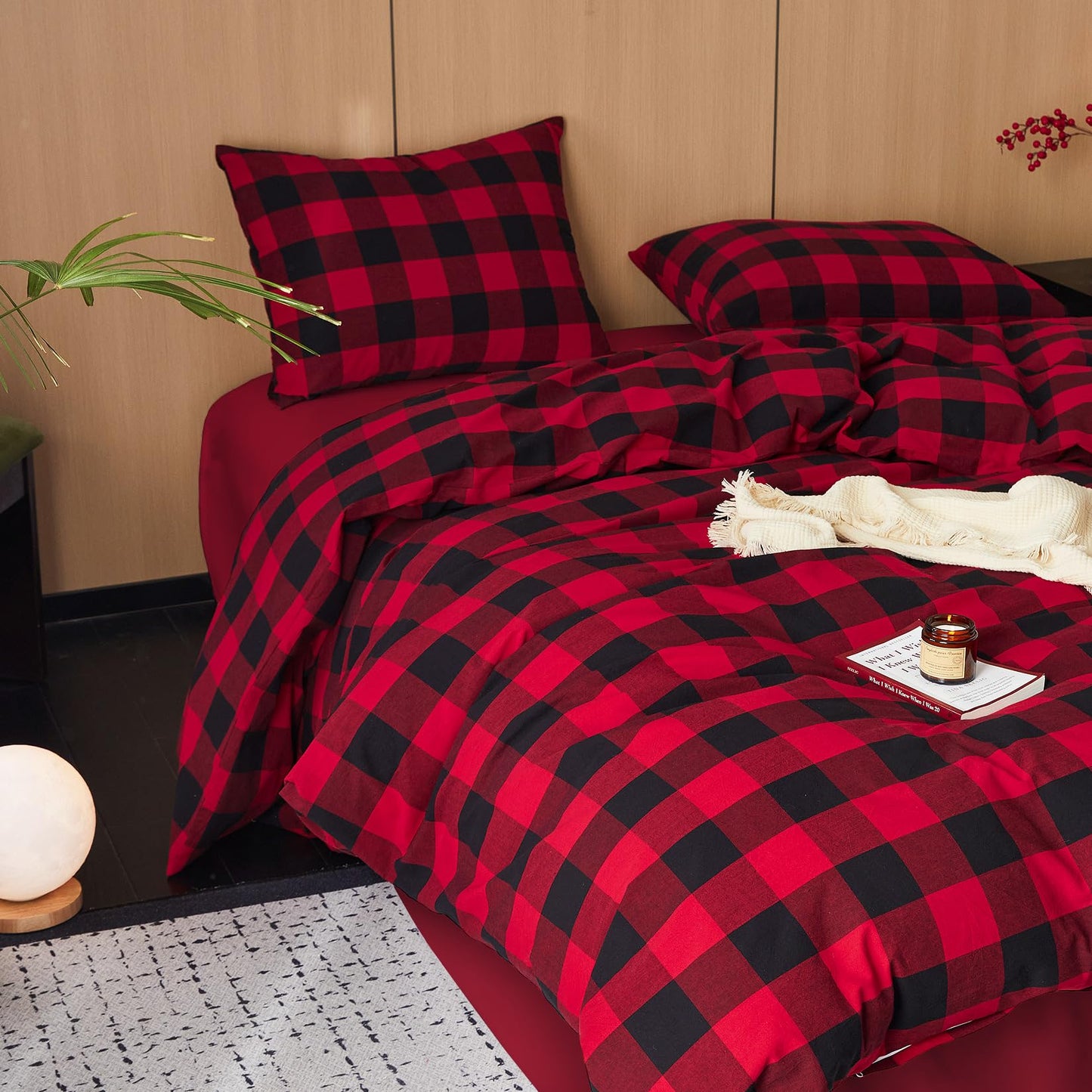 Wake In Cloud - Gingham Cotton Duvet Cover Set, Plaid Buffalo Check Checkered Farmhouse, 100% Washed Cotton Textured Bedding Set, 3 Pieces, Red Black, King Size