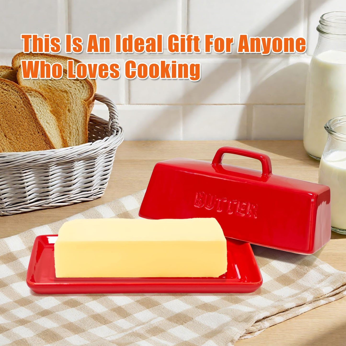 Gute Butter Dish with Lid for Countertop, Covered Ceramic Butter Dish, Butter Tray Storage for 1 Stick of Butter, Butter Keeper Container with Handle for Kitchen, Red