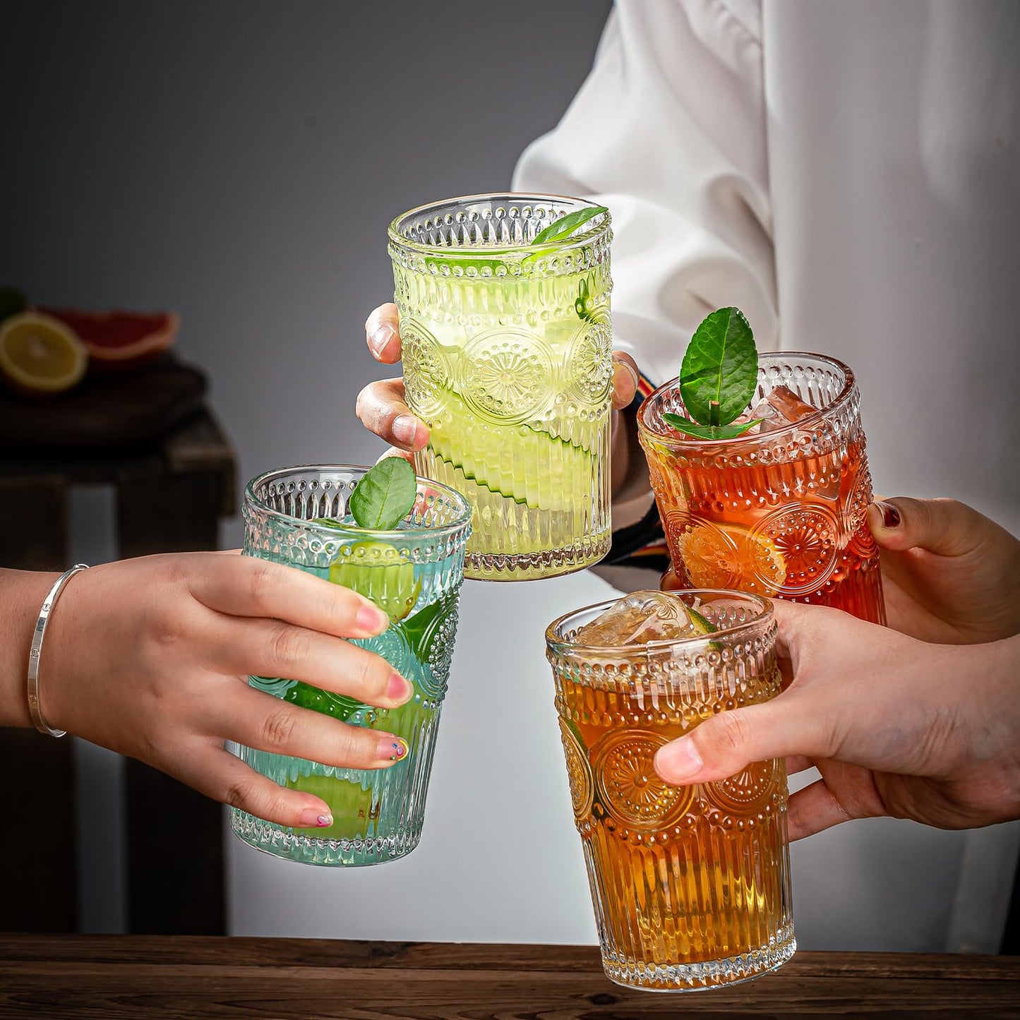 Claplante Vintage Highball Glasses, Set of 8 Glass Drinking Glasses, 13.5 oz Durable Drinkware Cups for Cocktails, Water, Juice, Beer, Wine-Special Edition Glassware Set, Dishware, Dishwasher Safe