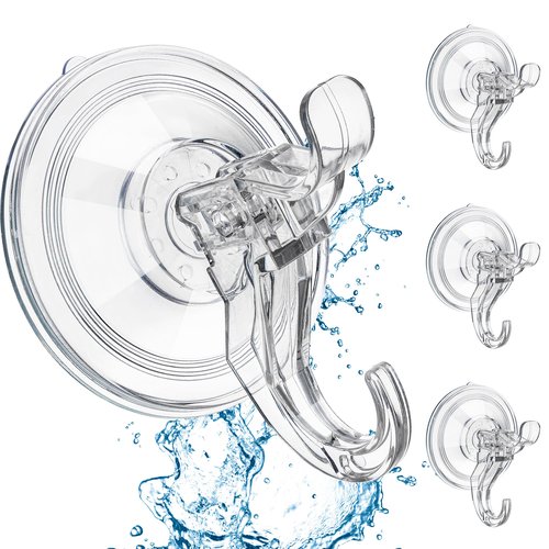 ANDGOO Large Suction Cup Hooks for Shower, Removable Shower Hooks, Heavy Duty Towel Hook for Bathrooms Robe Looafh, Strong Suction Double Hooks for Glass Window Door Mirror Tile (Clear, 4 Pack)