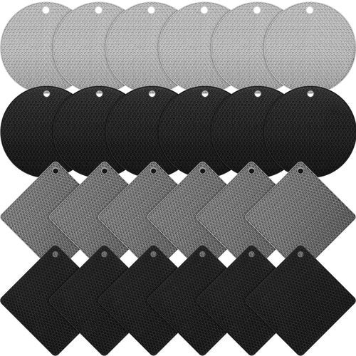 Dandat 24 Pack Silicone Trivets Bulk Non Slip Heat Resistant Hot Pads for Kitchen Countertops Table Pot Holders Mats for Hot Dishes Restaurant Catering Event Party Gathering, Round Square(Gray, Black)