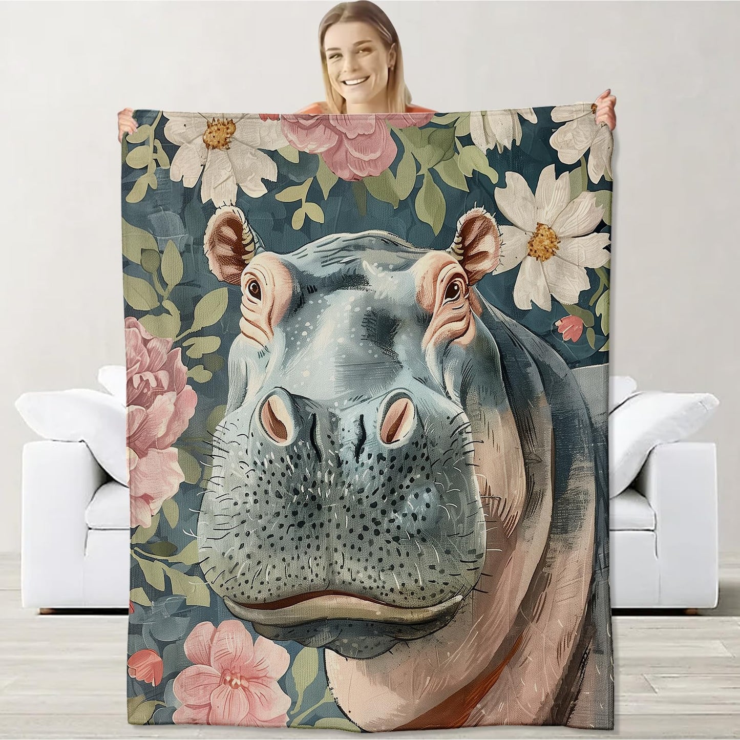 Hippo Blanket for Kids Boys Girls, Flannel Hippo Blankets Gifts, Floral Flower Hippo Throw Blanket for Sofa Couch Bed Living Room Soft Warm Cozy Hippo Decor 60" x 50"