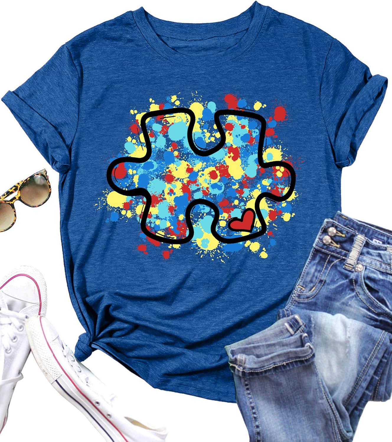 LAZYCHILD Autism Awareness Shirt - Women's Blue T-Shirt with Puzzle Piece Design