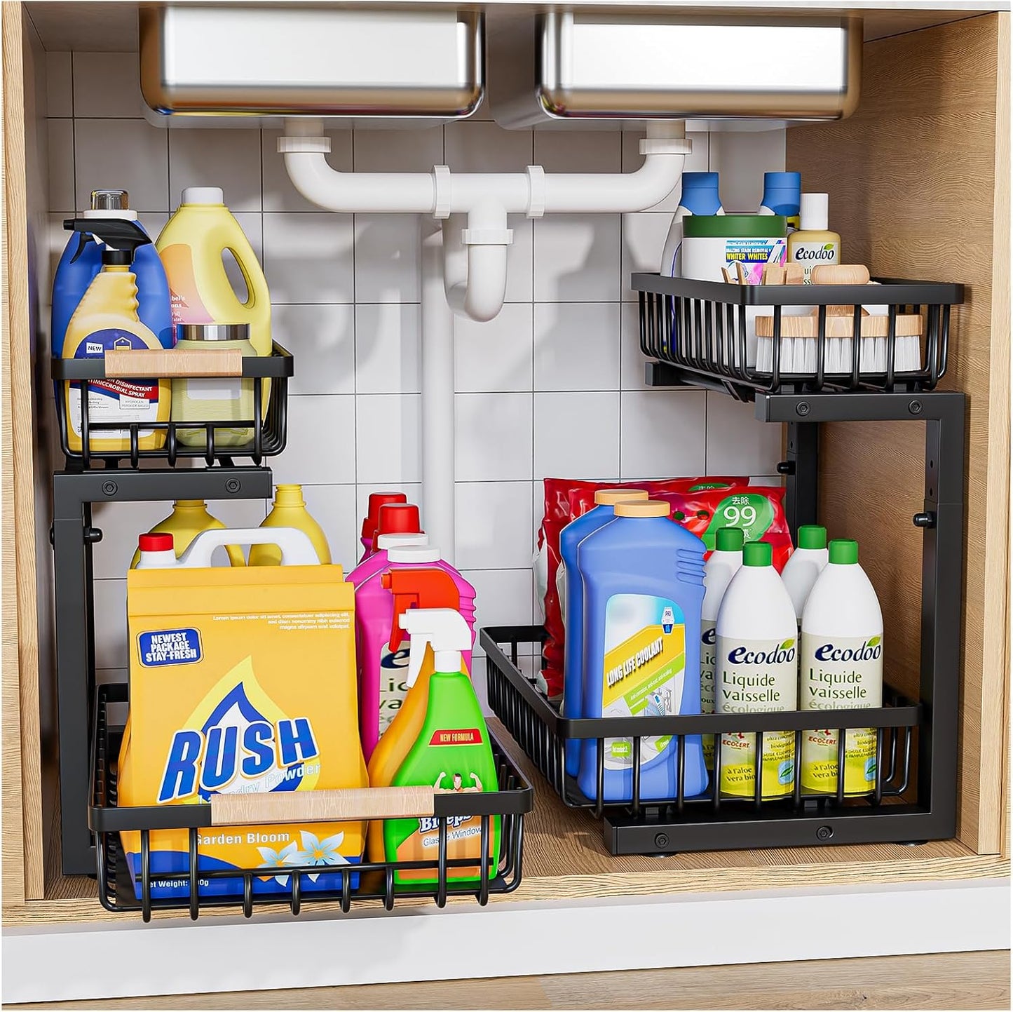 Skiennix Under Sink Organizer - 2 Tier Sliding Storage Solution | Height Adjustable, Anti-Rust, Black