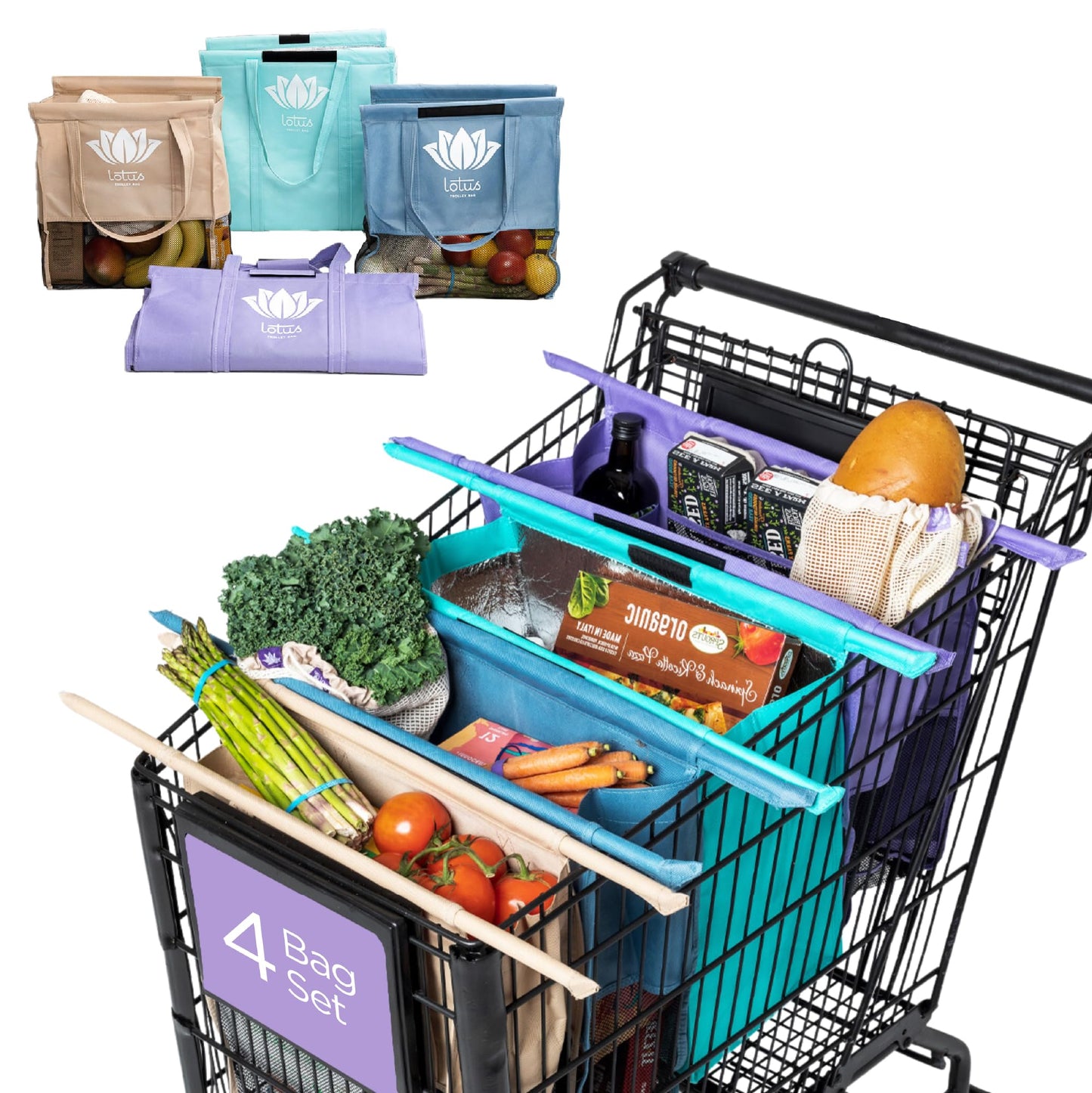 Lotus Original Trolley Reusable Shopping Bags (4-Pack) – Detachable & Reusable Grocery Bags Foldable with Insulated Grocery Bag & Egg/Wine Holder – Washable Shopping Totes to Save Time & Easy Storage