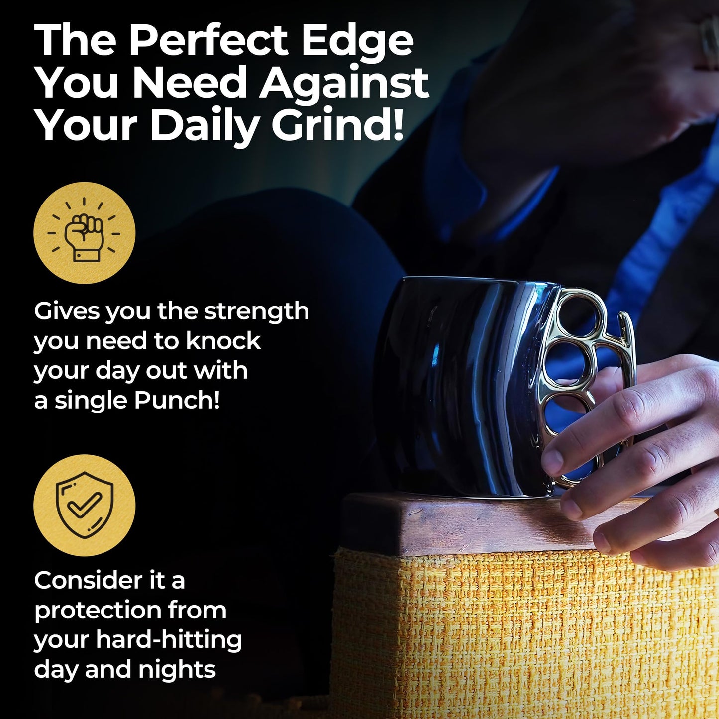 Caliber Gourmet Brass Knuckles Cup - Black and Gold Ceramic Self-Defense Novelty Coffee Mug, Unique Knuckles Mug for Collectors, Perfect Odd Coffee Mug Gift Idea for Christmas, Father's Day & More