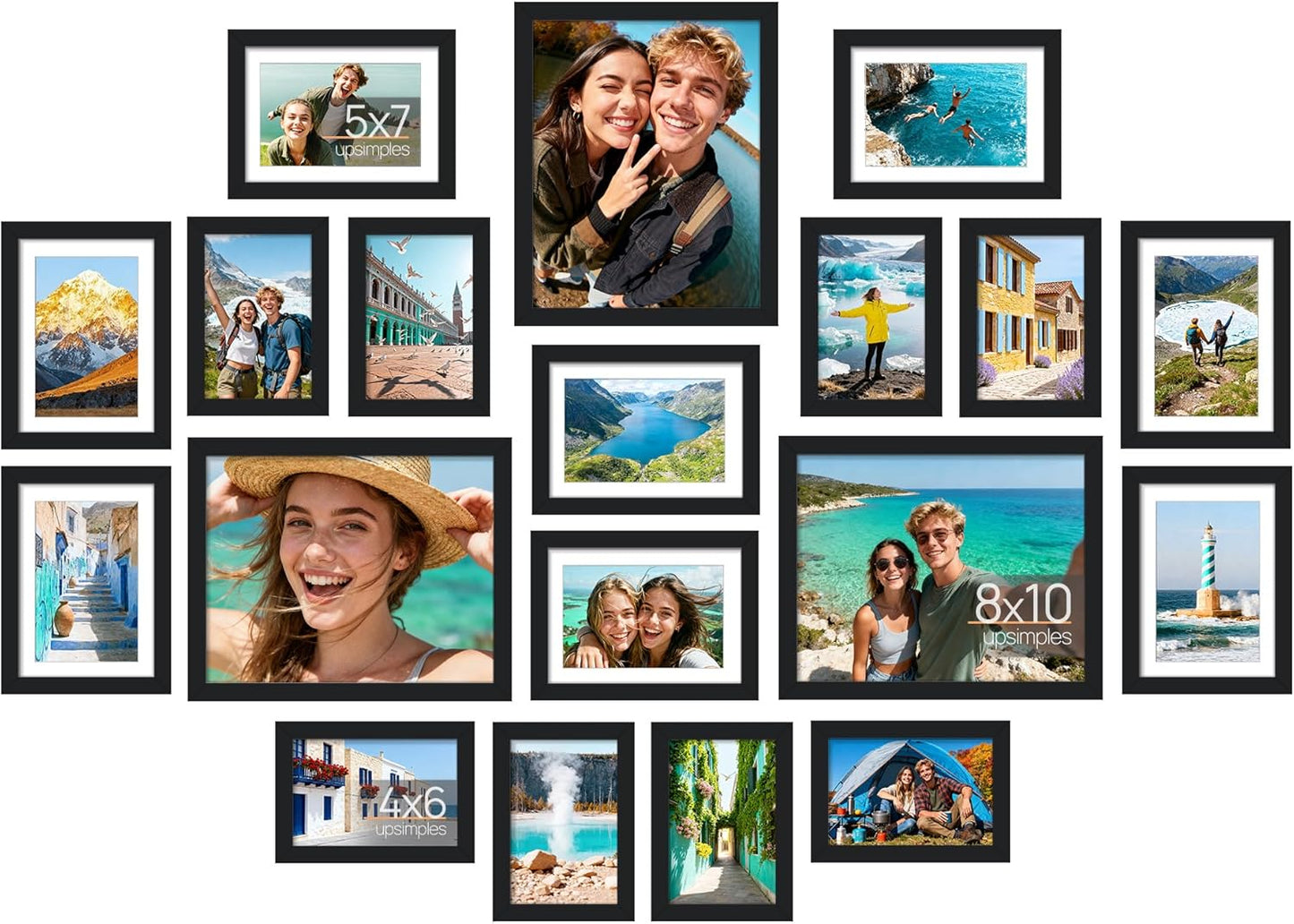 Upsimples 19-Pack Picture Frames Set - Versatile Collage Wall Decor for Family Photos | Multi-Sizes Including 8x10, 5x7, 4x6, Black