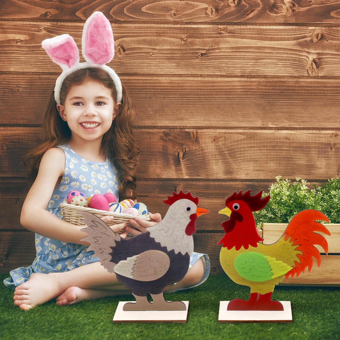 Vhxmaizxn 2pcs Easter Chicken Decoration for Home Farmhouse Rooster Decor Chicken Party Decoration Wooden Sign Wood Cutout Ornament Hen Craft Table Kitchen Garden Tiered Tray