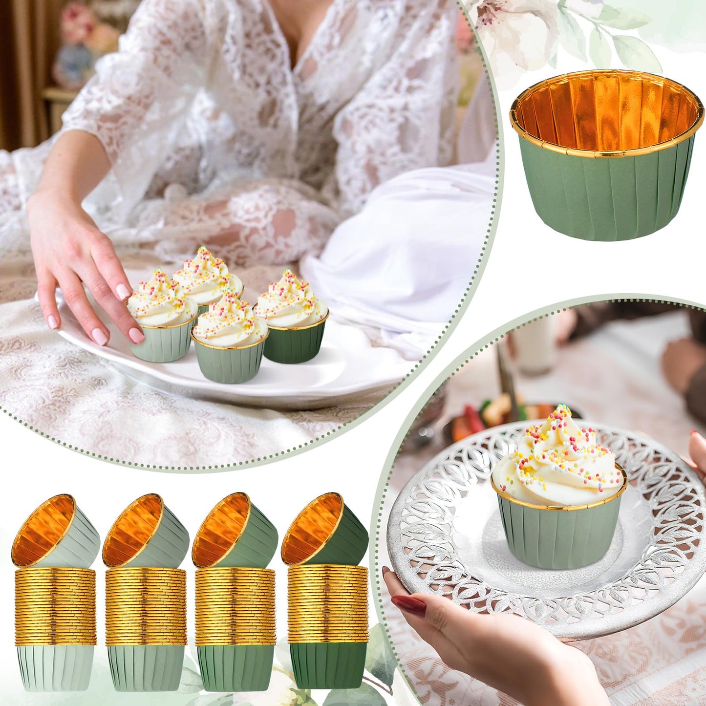 Geiserailie 100 Pcs Sage Green Cupcake Liners Gradient Green Cupcake Foil Wrappers Snack Bowls for Parties Wedding Bridal Shower Birthday Supplies