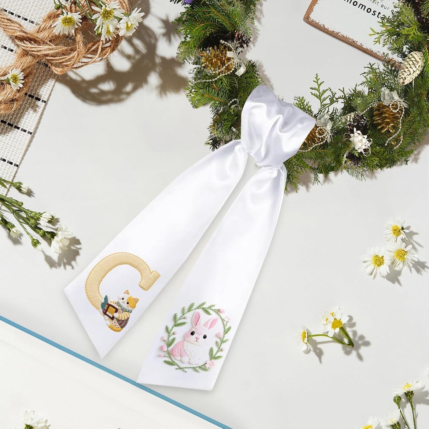 Skiennix 6 PCS Satin Wreath Sashes - White Embroidery Decor for Indoor/Outdoor Weddings & Events