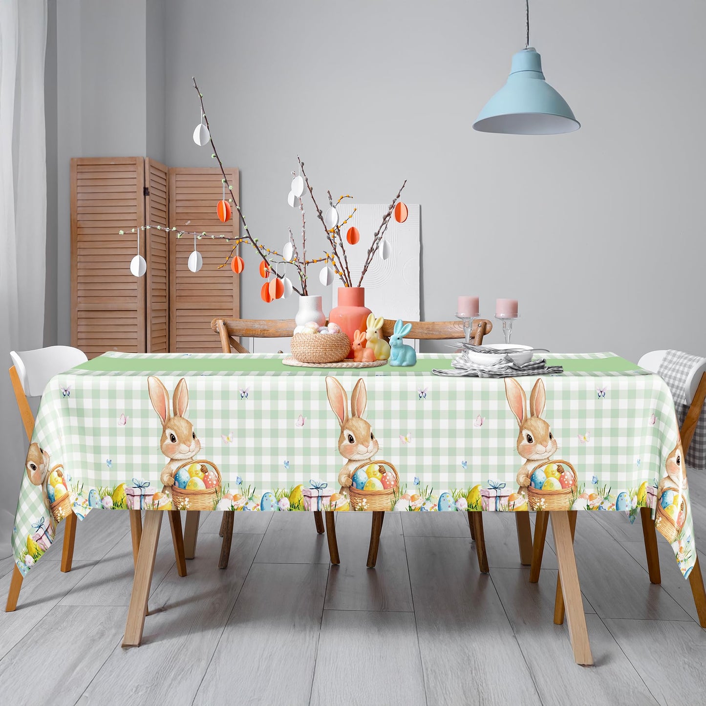QZYL 3 Pack Easter Tablecloths, 54" x 108" Disposable Easter Decorations, Sage Green Bunny Plaid Spring Tablecloth, Rectangle Plastic Easter Table Cloth with Easter Party Decorations Supplies Favors